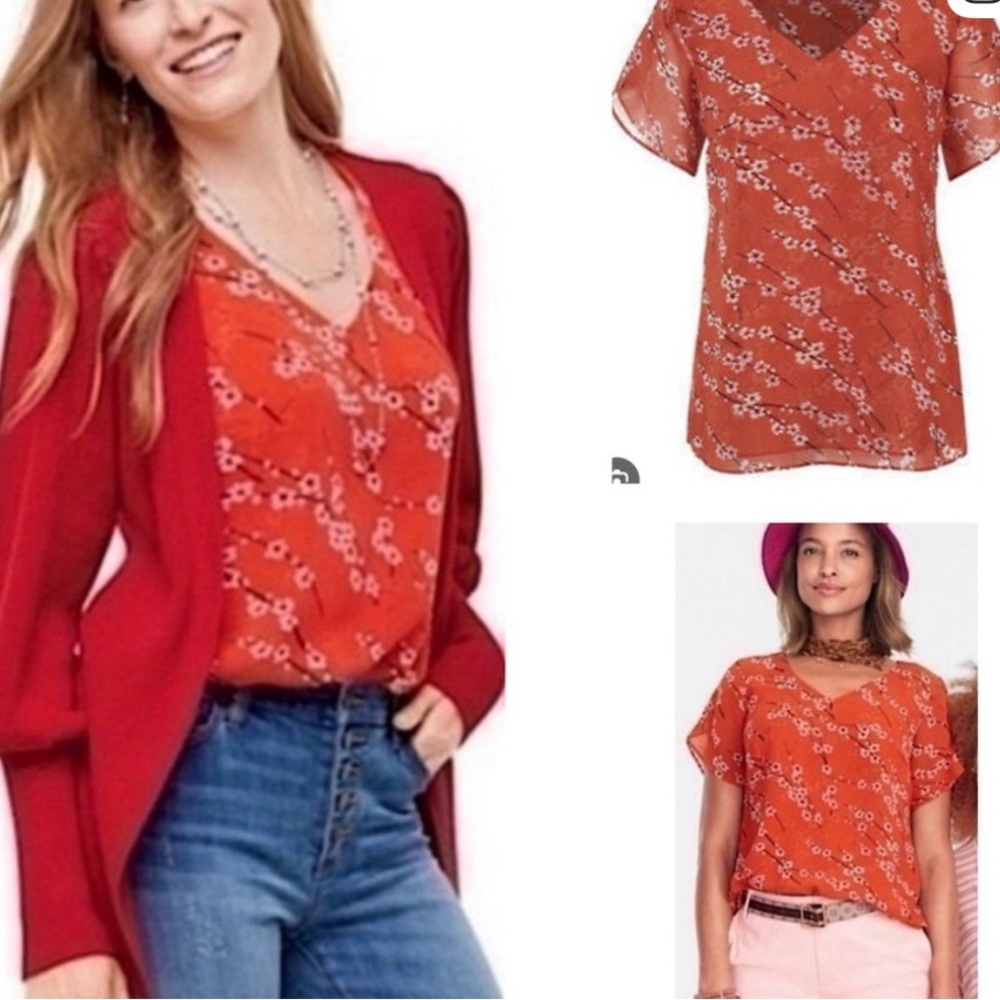 CAbi Orange Floral V-Neck Blouse